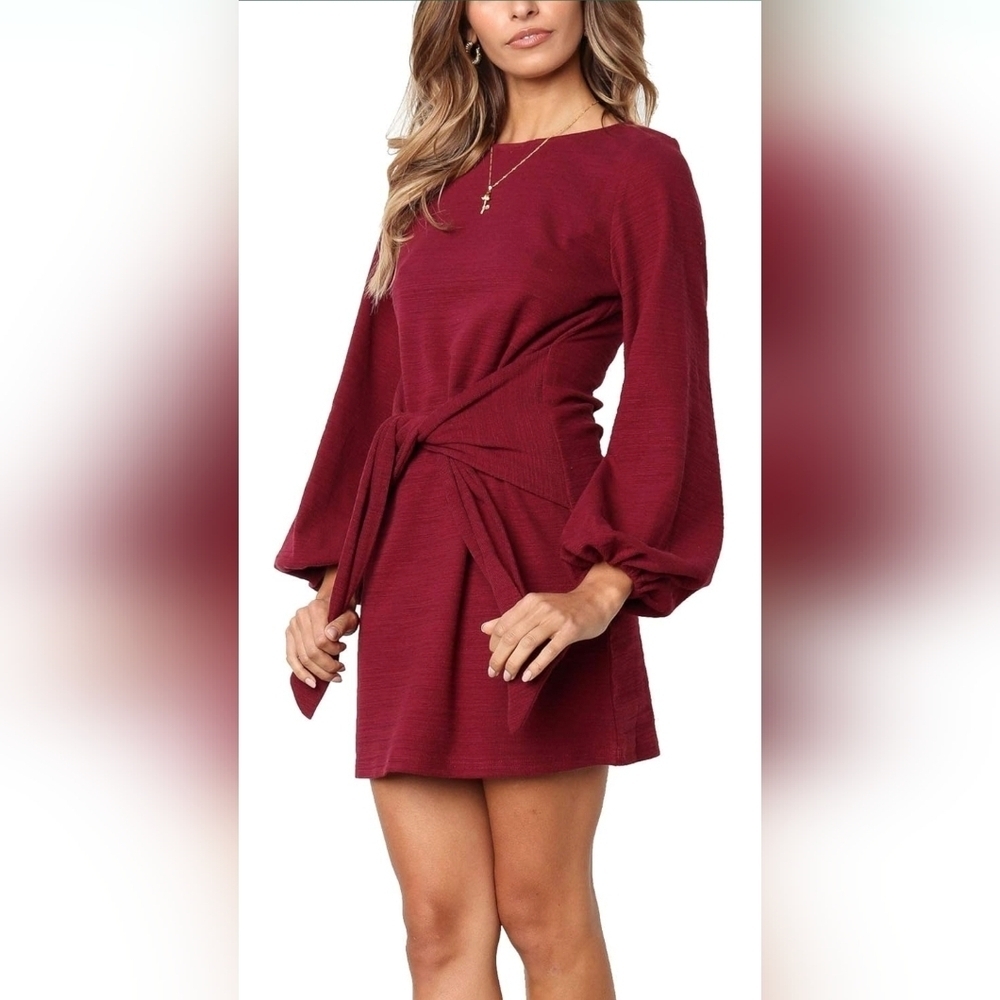 R.Vivimos Burgundy Tie Waist Sweater Dress